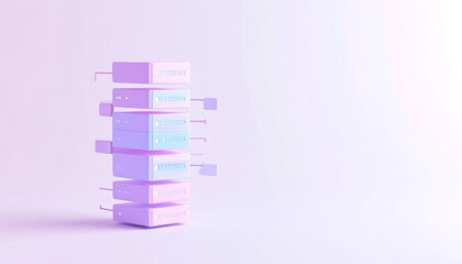 Stacked pastel server units with glowing connections, symbolizing data storage and cloud computing on a purple-pink background.