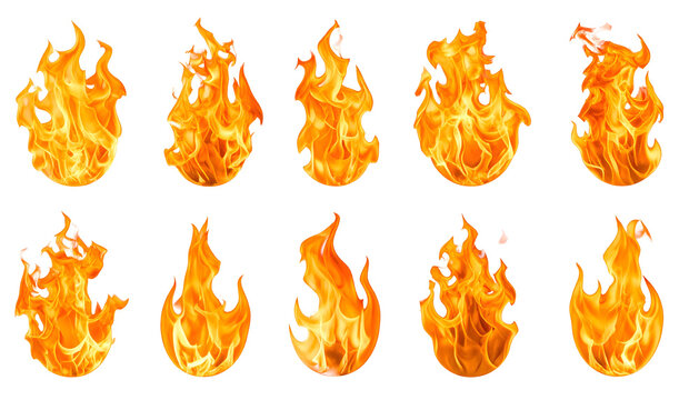 Collection of Dynamic and Detailed Fire Flames Isolated on White