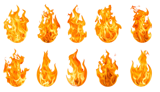 Collection of Dynamic and Detailed Fire Flames Isolated on White