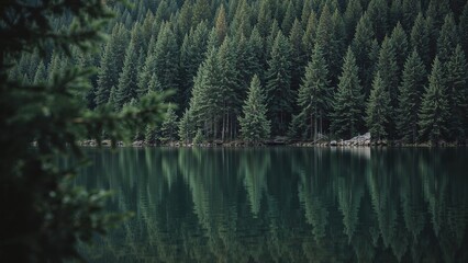 Fototapeta premium Serene lake reflecting a dense evergreen forest.