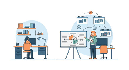 Business Presentation with Charts Calendars and Office Setting.