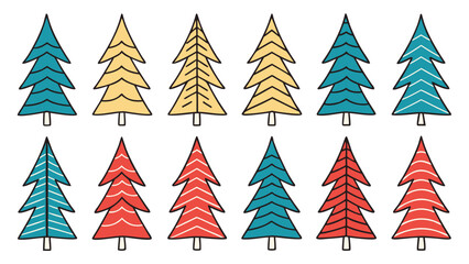 Obraz premium Teal yellow red pine trees with white stripes christmas trees