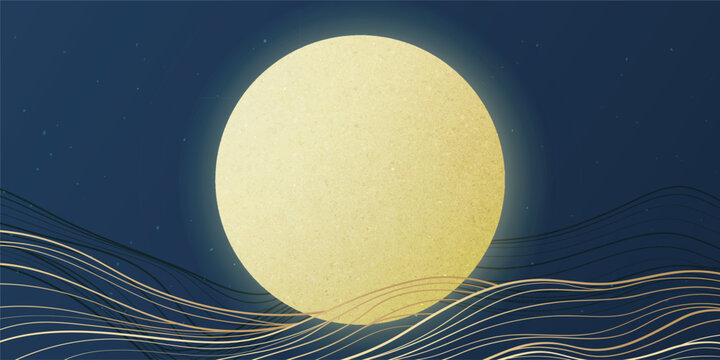 Elegant mid autumn vector card with gold moon and flowing wave patterns on dark background.