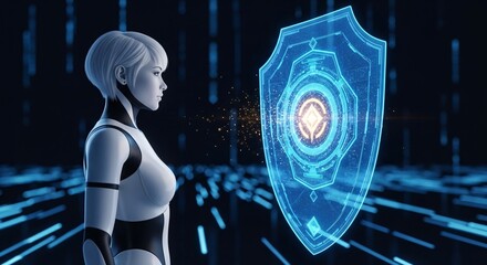 Ai security and protection concept featuring robot and shield for cyber security solutions