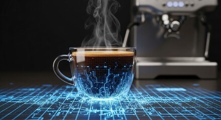 Digital coffee technology concept with steaming espresso in glass cup and machine on dark background