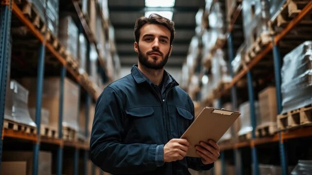 Working man in a warehouse checking paperwork and holding clipboard.