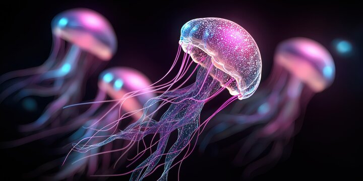 jellyfish floating in pitch-black water, neon bioluminescent glow in pink and blue, soft trailing tentacles,