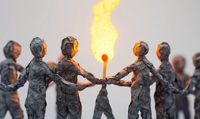 A paper cutout depicts people holding hands in front, with one person's face illuminated by the flame from another's matchstick against a white background.