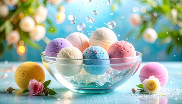 A clear glass bowl filled with colorful bath bombs, floral accents, and bubbles.
