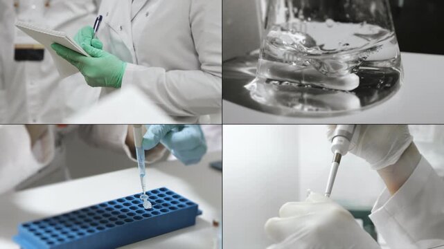 Laboratory research collage pipetting sample preparation microplate testing workflow.