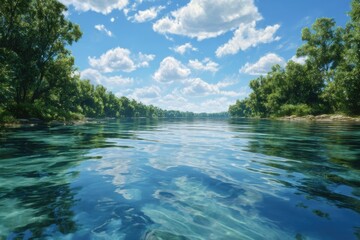 Scenic river flows peacefully beneath a blue sky with fluffy clouds and lush green trees on the banks