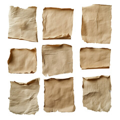 Nine pieces of aged paper on transparent background perfect for vintage designs and projects