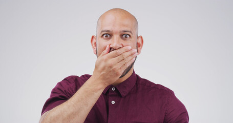 Surprise, rumor and portrait of man in studio with omg, wow and wtf face expression. Shocked,...