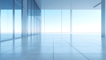 A modern, minimalist interior space featuring large glass windows and a polished floor, bathed in natural light with a serene blue backdrop