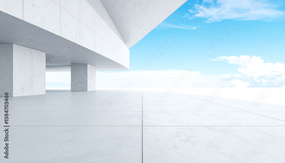 Poster minimalist architecture with clean lines, emphasizing open space and a bright sky backdrop, creating