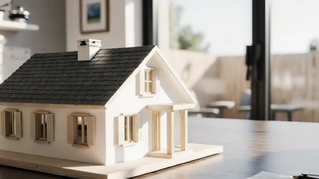 Miniature house model on a desk with contract and pen