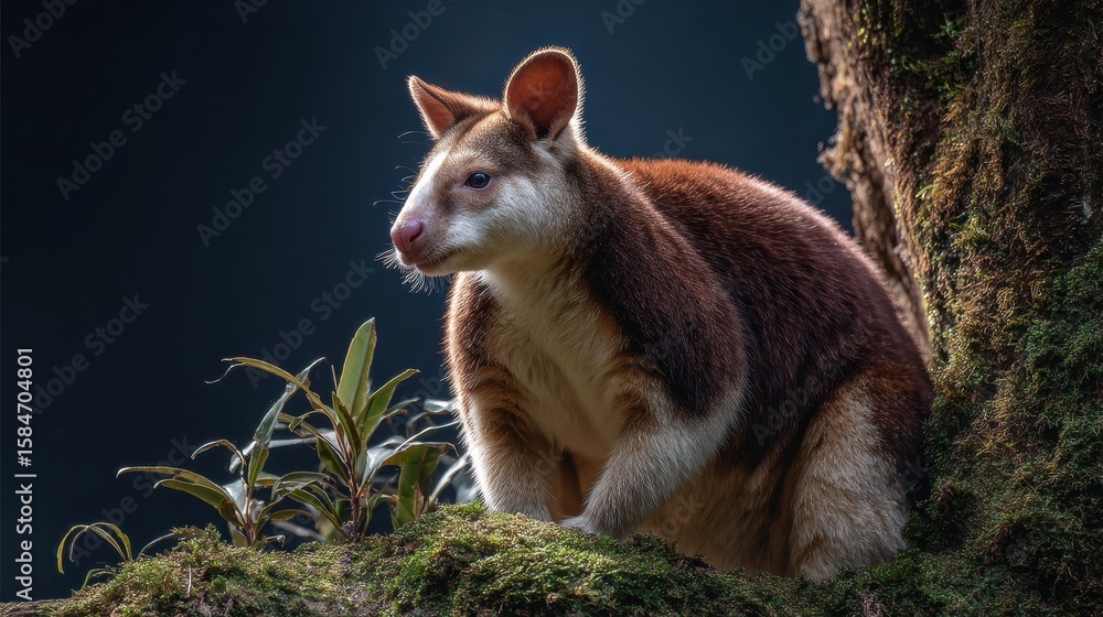 Aufkleber tree kangaroo exploring a mossy trunk in a cool-toned forest setting during early morning light
