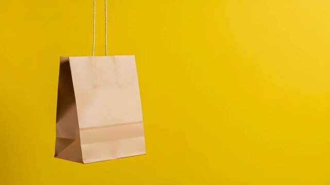 Floating Brown Paper Bag Held By String Against Bright Yellow Background