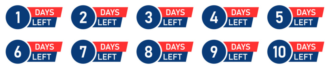 Vector set of 1 to 10 days countdown badges in red and blue circular style. Ideal for promotions, limited time offers, project tracking, events, sales countdowns, or deadline reminders. 