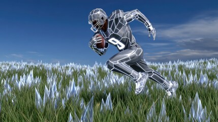 Futuristic football player running through flowers