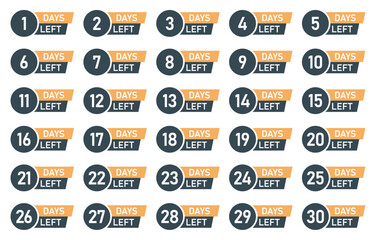 Set of 30 countdown timer labels from 1 to 30 days left, in a modern flat design. Ideal for campaigns, promotions, sales events, deadlines, or digital projects. Vector illustration.