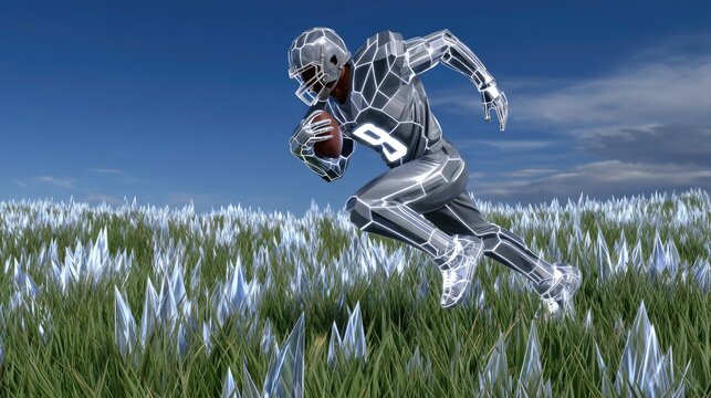 Futuristic football player running through flowers