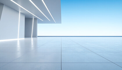 Obraz premium Minimalist interior with sleek lines and ample natural light, showcasing a spacious floor and a serene sky backdrop