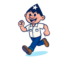Juan Pueblo running with energy and a big smile. Ecuadorian cultural icon in cartoon style with white shirt and star hat.  