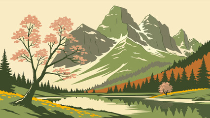 Scenic landscape painting of mountains lake and cherry blossom trees nature scenery art print poster design