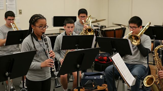 Students in a school band practice