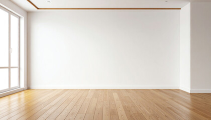 A spacious, empty room with wooden flooring, a large window allowing natural light, and minimalist white walls, perfect for interior design inspiration