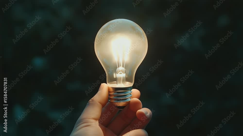 Poster a hand holds a glowing lightbulb against a dark background. light illuminates the scene creating a s