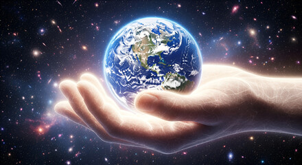 Glowing Hand Holding Earth Amidst a Starry Cosmic Universe.