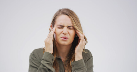 Studio, employee and woman with headache, anxiety or overwhelmed with workload, thinking and...