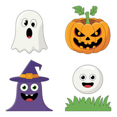 Obraz premium Vector art of a set of halloween icons featuring ghosts, pumpkins, and monsters isolated on white background