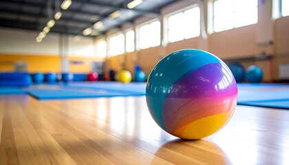 Rhythmic gymnastics ball resting on a gym mat with plenty of copyspace