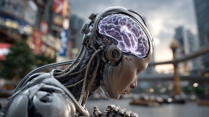 Futuristic robot with glowing brain in cityscape
