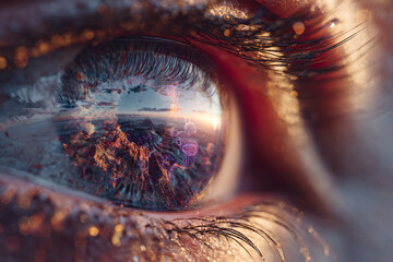 Close-up macro of a woman's eye, focusing on the vibrant iris, delicate eyelashes, and pupil, showcasing human vision and beauty