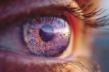 Close-up macro of a woman's eye, focusing on the vibrant iris, delicate eyelashes, and pupil, showcasing human vision and beauty