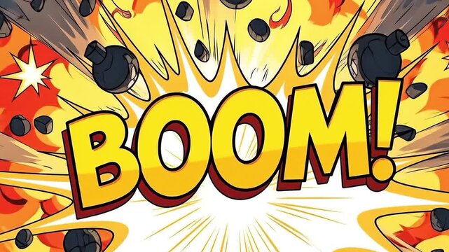 A "BOOM!" comic book-style explosion with fire, smoke, and debris.
