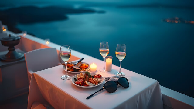 Romantic dinner for two on a scenic balcony overlooking the sea at twilight.