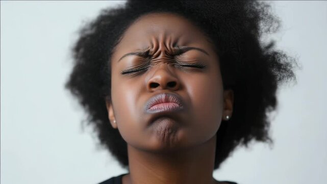 A woman's expression showing discomfort, irritation or frustration.