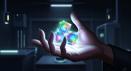 Hand Holding Three Cosmic Cubes with Rainbow Light and Galaxy Interiors.