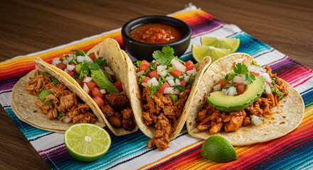 Tacos Trio Temptation: Three authentic tacos, brimming with savory fillings and fresh toppings,...