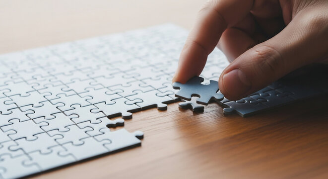 Hand Placing Last Piece of White Jigsaw Puzzle on Wooden Table