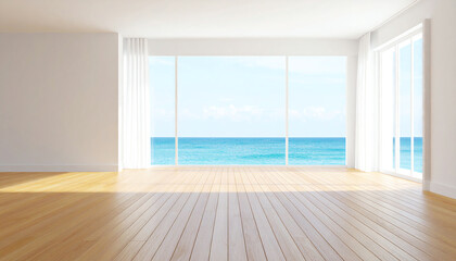 Bright, airy room with wooden floors and large windows showcasing a stunning ocean view, creating a serene atmosphere