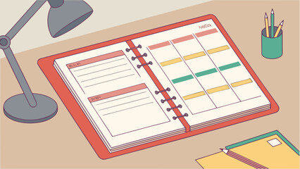 A desk setup featuring an open planner with colorful schedule blocks, a lamp, and stationery supplies neatly arranged