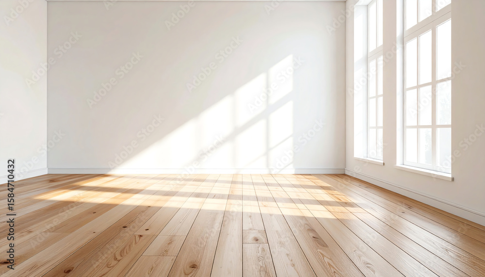 Poster bright, empty room with wooden floors and large windows allowing sunlight to stream in, creating a w