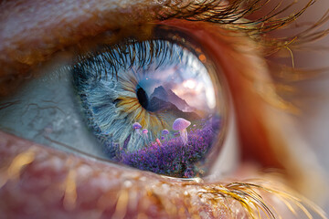 Close-up macro of a woman's eye, focusing on the vibrant iris, delicate eyelashes, and pupil, showcasing human vision and beauty