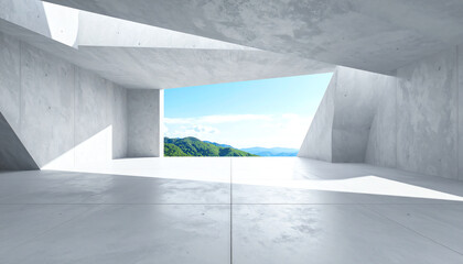 Modern architectural interior with angular concrete walls and a panoramic view of lush green mountains under a clear blue sky